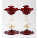 A PAIR OF MURANO 'DOLPHIN' CANDLE STICKS, 20TH CENTURY each stem modelled in the form of a clear