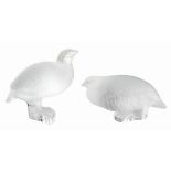 A PAIR OF LALIQUE CLEAR AND FROSTED GLASS FIGURES OF PARTRIDGES, POST 1945 each naturalistically
