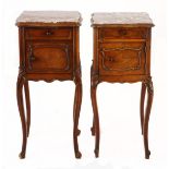 A PAIR OF FRENCH WALNUT AND MARBLE-TOPPED NIGHTSTANDS each square shaped red-veined marble top above