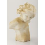 AN ITALIAN CARVED ALABASTER BUSTOF A YOUNG GIRL, LATE 19TH CENTURY with lowered head and pensive