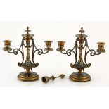 A PAIR OF FRENCH BRONZE AND CHAMPLEVE ENAMEL CANDLE HOLDERS AND SNUFFER, 19TH CENTURY each