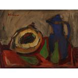 Carl Adolph Büchner (South African 1921-2003) STILL LIFE WITH BLUE JUG signed oil on board 37,5 by