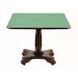 A WILLIAM IV ROSEWOOD-VENEERED CARD TABLE the hinged rectangular shaped top enclosing a baize-