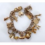A CHARM BRACELET composed of curb link chain, acid tested as 9ct gold, suspending fifteen assorted