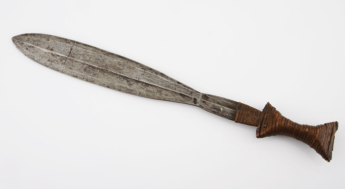 A BOA KNIFE, DEMOCRATIC REPUBLIC OF CONGO the steel blade leaf-shaped, the hilt covered with metal