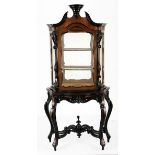 AN EBONISED SATINWOOD AND ROSEWOOD DISPLAY CABINET, 20TH CENTURY in two parts, the broken swan-