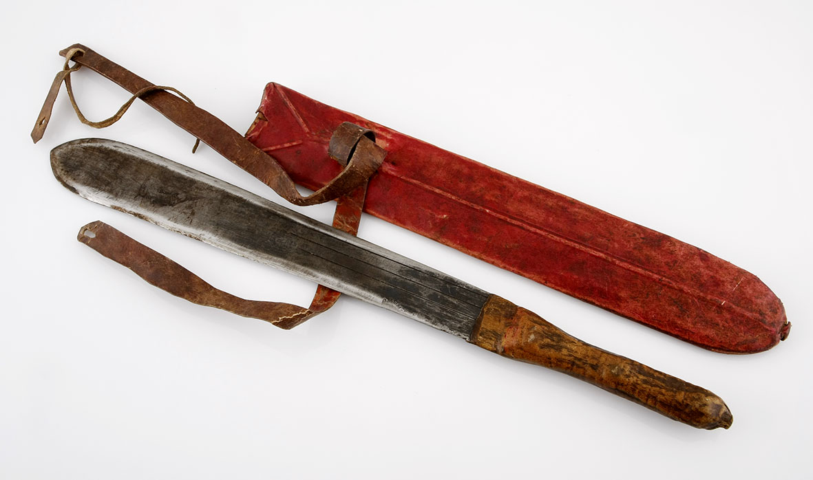 A MASAI SEME SWORD, KENYA the forged steel blade with wooden hilt covered in leather, the sheath