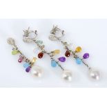 A PAIR OF PEARL AND GEMSTONE PENDANT EARRINGS each pear-shaped surmount pavé-set with brilliant-