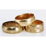 AN 18CT GOLD RING composed of a plain band, impressed 18ct, size Q; And Two 9ct Gold Bands,