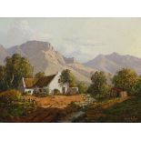 Gabriel Cornelis de Jongh (South African 1913-2004) COTTAGE WITH A MOUNTAIN VIEW signed oil on