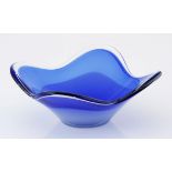 A FLYGSFORS 'COQUILLE' BLUE AND OPAQUE WHITE GLASS SOMMERSO BOWL 1960s of organic square outline,