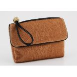 A VINTAGE LOEWE CLUTCH of mocca colour in natural fibre with black leather trim and gold hardware,