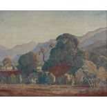 Jacob Hendrik Pierneef (South African 1886-1957) LANDSCAPE WITH TREES IN A MOUNTAINOUS SETTING