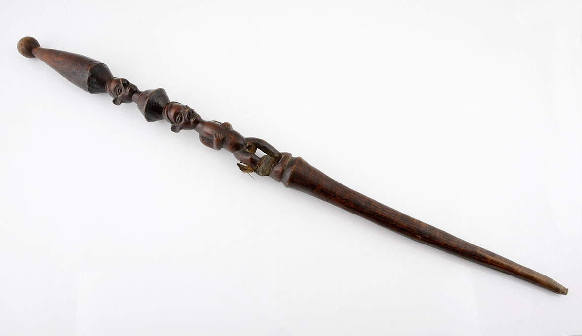 A YAKA STAFF, DEMOCRATIC REPUBLIC OF CONGO the finial carved as a  male fetish figure surmounted