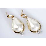 A PAIR OF MABÉ PEARL AND DIAMOND EARRINGS each set with a teardrop-shaped mabé pearl, set below