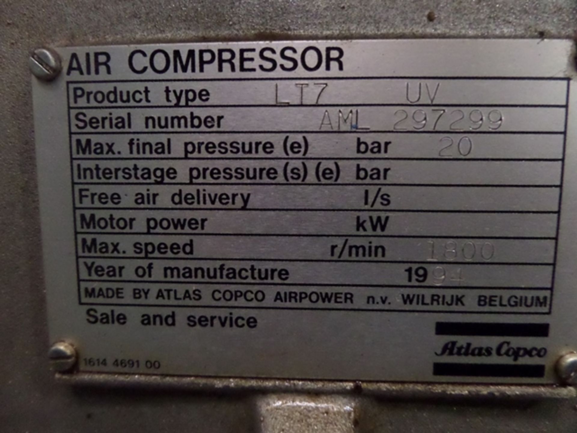 Atlas Copco Receiver Mounted Model L.T7 UV Air Compressor - Image 4 of 4