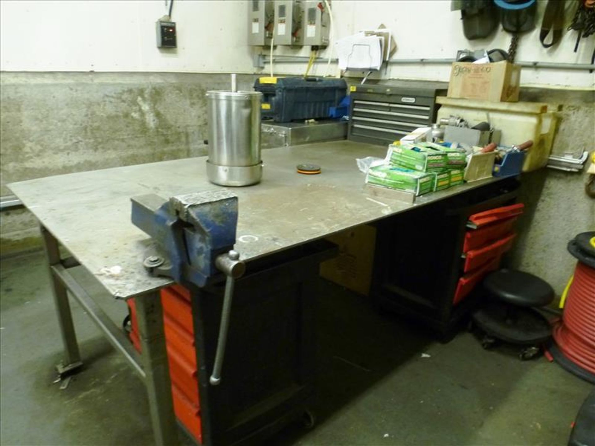 steel workbench 48 in. x 96 in. c/w 5 in. bench vise (located at 150 Bartor Rd Toronto ON Canada)