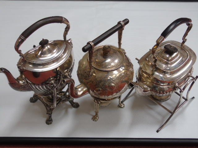 3 antique silver plated spirit kettles