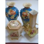 A near pair of handpainted baluster vases plus 2 blush ivory china items