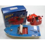 Boxed Rover the space dog tin plate toy and vintage toy boat