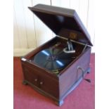 Mahogany cased HMV table gramophone complete with winding handle and sound box