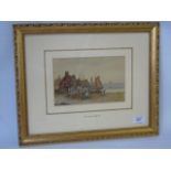 A Gilt framed watercolour of a continental riverside scene titled 'The Outch Fishwauves'