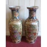 A pair of large chinese vases of baluster form and decorated with birds and flowers - approx