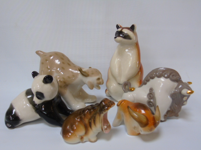 6 Russian figures of animals a bull, hippo and panda etc. to include some Lomonosov examples