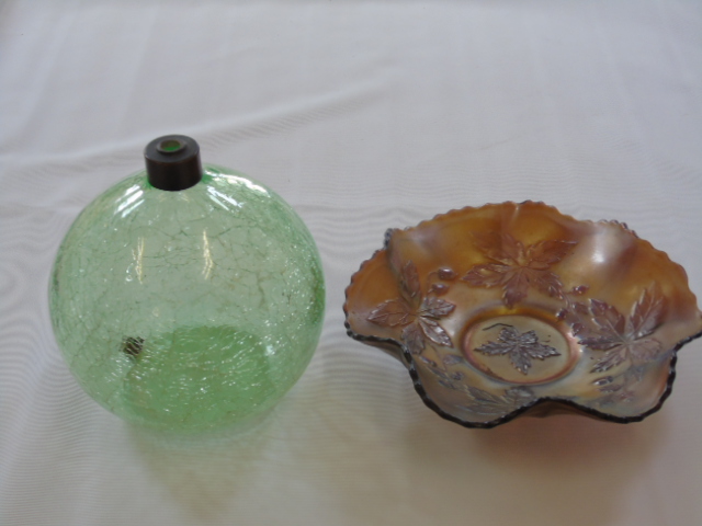 Carnival ware dish and a crackle ware glass lamp base.