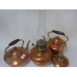 2 copper kettles and 2 copper oil lamps