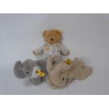 3 Steiff soft toys, a rabbit, teddy bear and an elephant