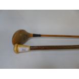 A Walking cane with compass insert to top, plus an old golfing wood - J. Youds Hoylake