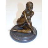 Erotic figure of a bronze lady pleasuring herself sat upon a marble base  approx 7 1/2" tall