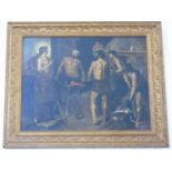 Gilt framed oil on canvas of figures working metal