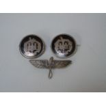 Pair of silver and tortoise shell buttons bearing an emblem for the Essex regiment in Egypt and a