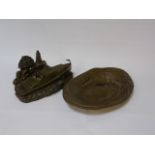 Art nouveau bronzed dish and a metal ornament of a boat at sea