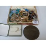 A box of costume jewellery to include a sterling silver necklace