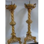 Large pair of gilded metal pricket candlesticks with ornate decoration approx 18 1/2" tall