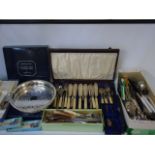 A Collection of silver plated items comprising cutlery and a pair of boxed gallery trays.