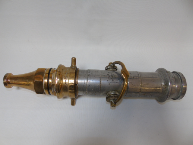 Antique brass and steel firemans hose attachment stamped The London Nozzle