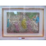 A Framed and glazed metallic plaque depicting a pre raphelite style scene of figures in a wood