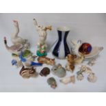 USSR china figures of animals to include some Lomonosov and a blue and white vase