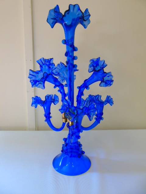 A 7 branch blue glass epergne