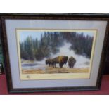 A framed and glazed limited edition David Shepherd print of bison titled 'The hot springs of
