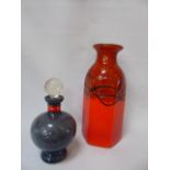 Murano glass decanter and a Caithness vase in orange and brown