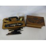 Antique walnut desk tidy along with a small tin and a wooden nib box