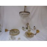 3 chandeliers with glass drops and a porcelin 2 branch light fitting