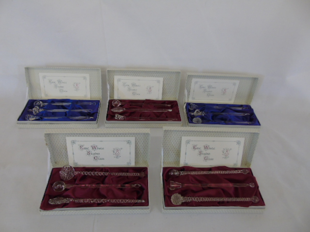 5 Boxed sets of Eric White studio glass stirrers