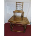 Solid oak vintage drawer leaf table with stretcher base and 4 country style chairs