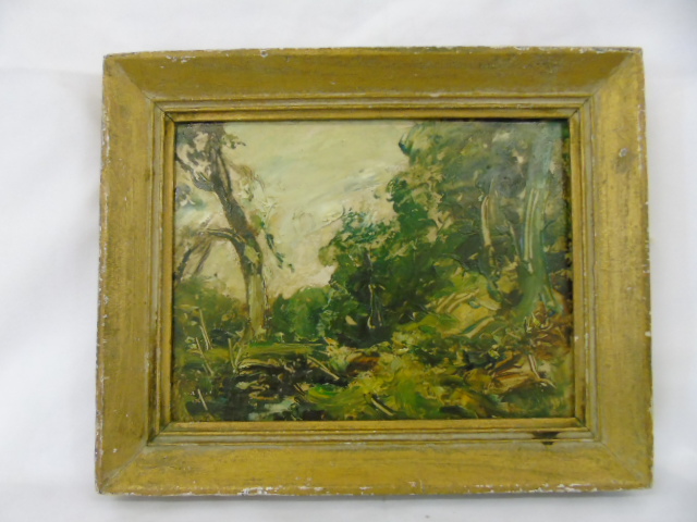 Gilt framed abstract woodland scene oil on canvas Titled 'The Fringe of the Wood' by Peter Wishart
